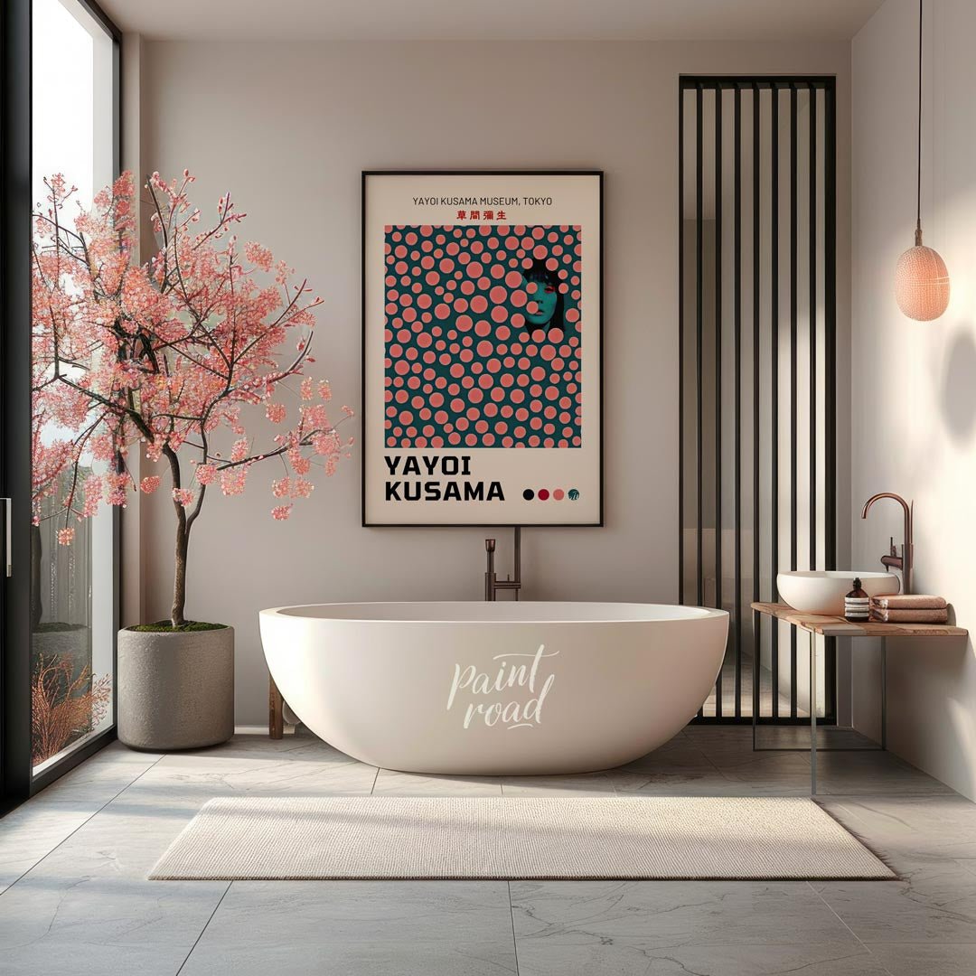 This striking art print is an exhibition poster for the Yayoi Kusama Museum in Tokyo, featuring one… for bathroom