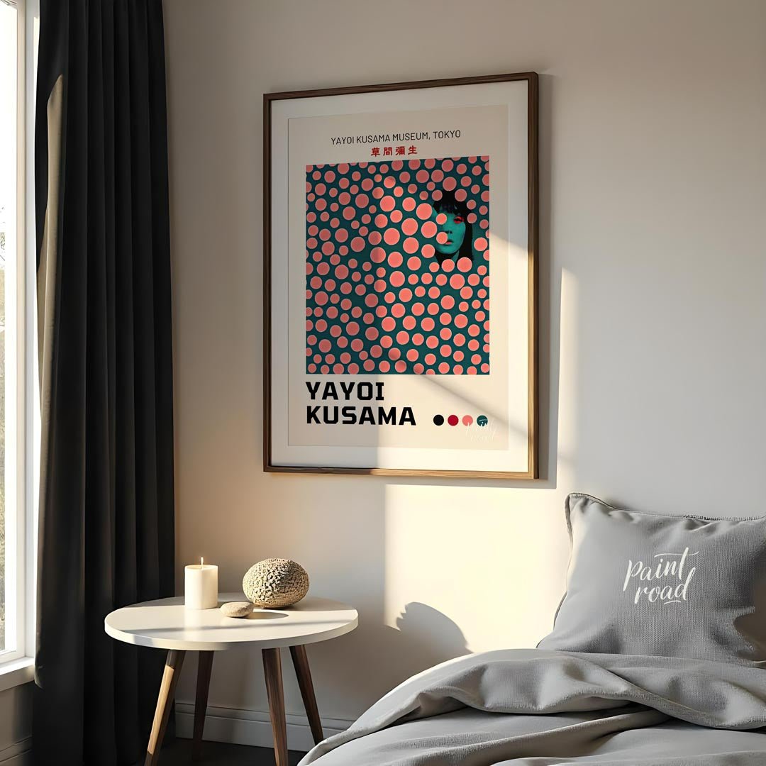 This striking art print is an exhibition poster for the Yayoi Kusama Museum in Tokyo, featuring one… for bedroom