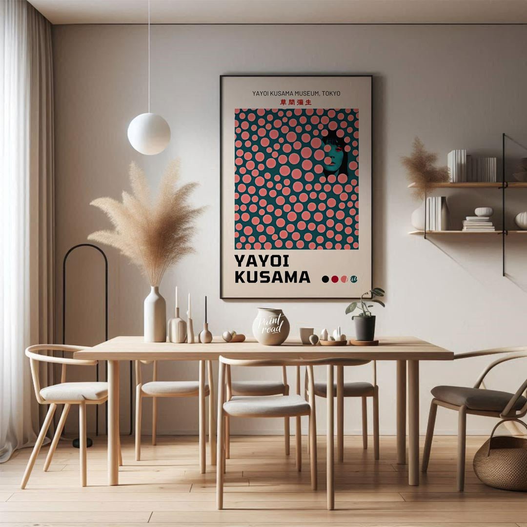 This striking art print is an exhibition poster for the Yayoi Kusama Museum in Tokyo, featuring one… for dining room