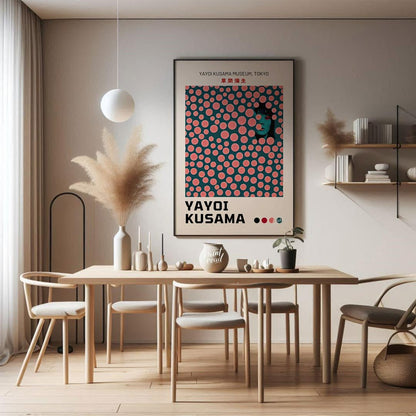 This striking art print is an exhibition poster for the Yayoi Kusama Museum in Tokyo, featuring one… for dining room
