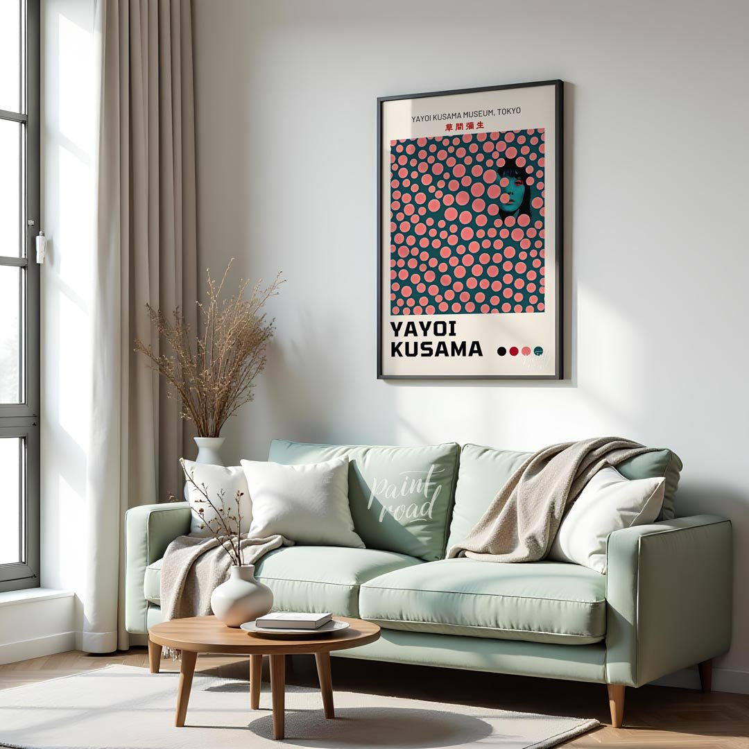 This striking art print is an exhibition poster for the Yayoi Kusama Museum in Tokyo, featuring one… for living room