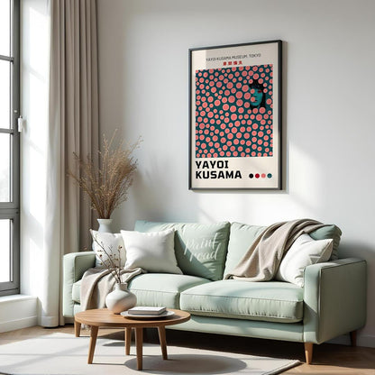 This striking art print is an exhibition poster for the Yayoi Kusama Museum in Tokyo, featuring one… for living room