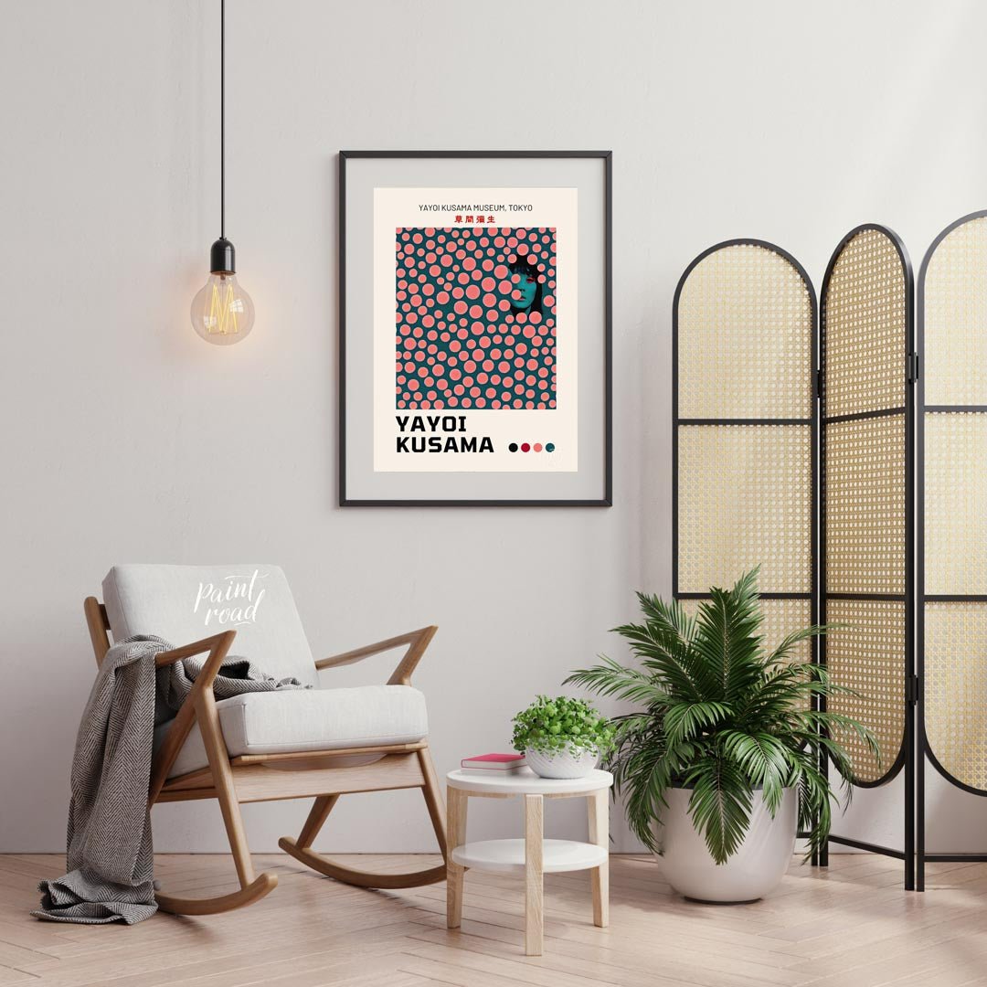 This striking art print is an exhibition poster for the Yayoi Kusama Museum in Tokyo, featuring one… for living room