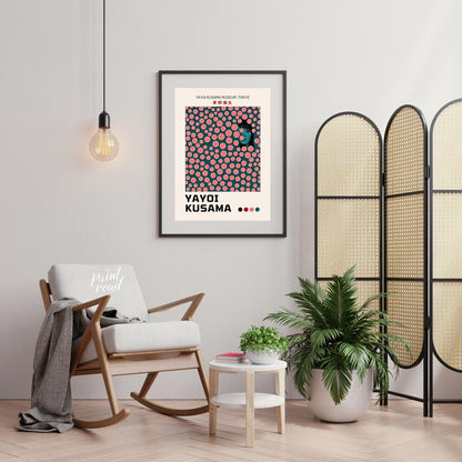 This striking art print is an exhibition poster for the Yayoi Kusama Museum in Tokyo, featuring one… for living room