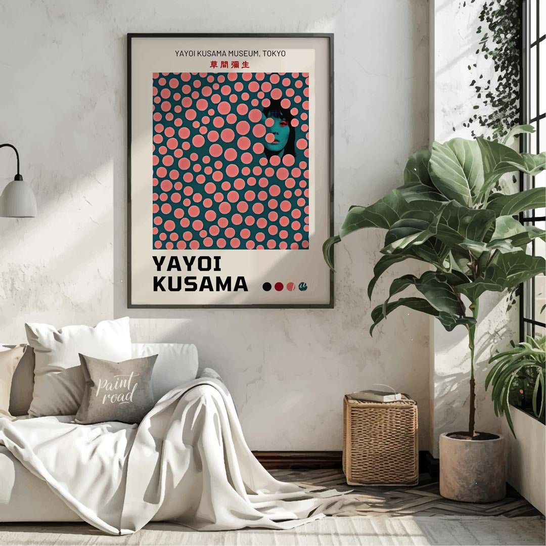 This striking art print is an exhibition poster for the Yayoi Kusama Museum in Tokyo, featuring one… for living room
