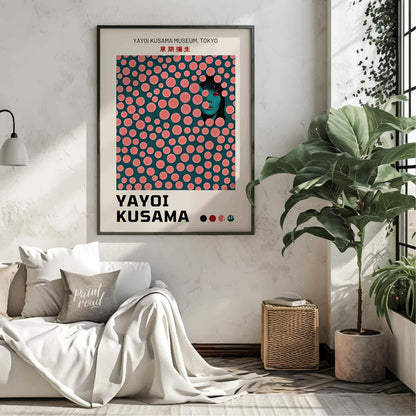 This striking art print is an exhibition poster for the Yayoi Kusama Museum in Tokyo, featuring one… for living room
