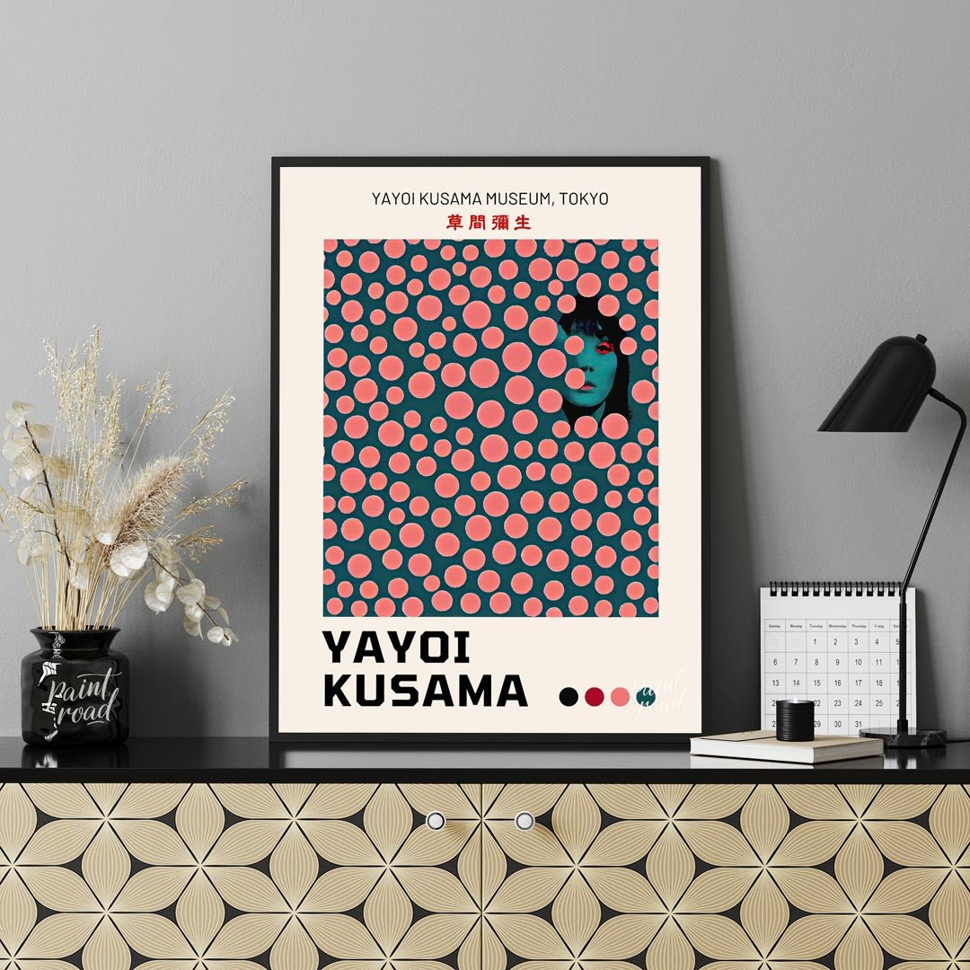 This striking art print is an exhibition poster for the Yayoi Kusama Museum in Tokyo, featuring one… for office