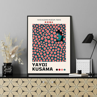 This striking art print is an exhibition poster for the Yayoi Kusama Museum in Tokyo, featuring one… for office
