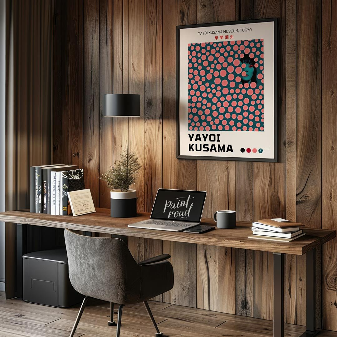 This striking art print is an exhibition poster for the Yayoi Kusama Museum in Tokyo, featuring one… for office