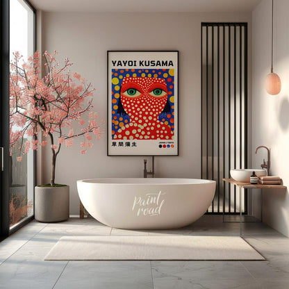 This striking art print features a vibrant self-portrait of Yayoi Kusama, characterized by her icon… for bathroom