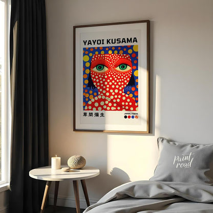 This striking art print features a vibrant self-portrait of Yayoi Kusama, characterized by her icon… for bedroom