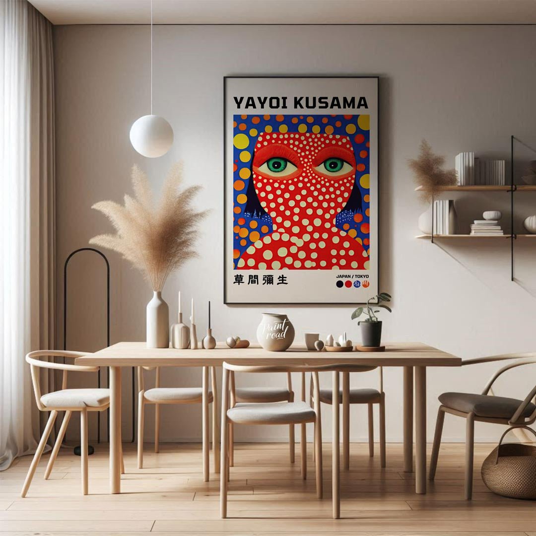 This striking art print features a vibrant self-portrait of Yayoi Kusama, characterized by her icon… for dining room