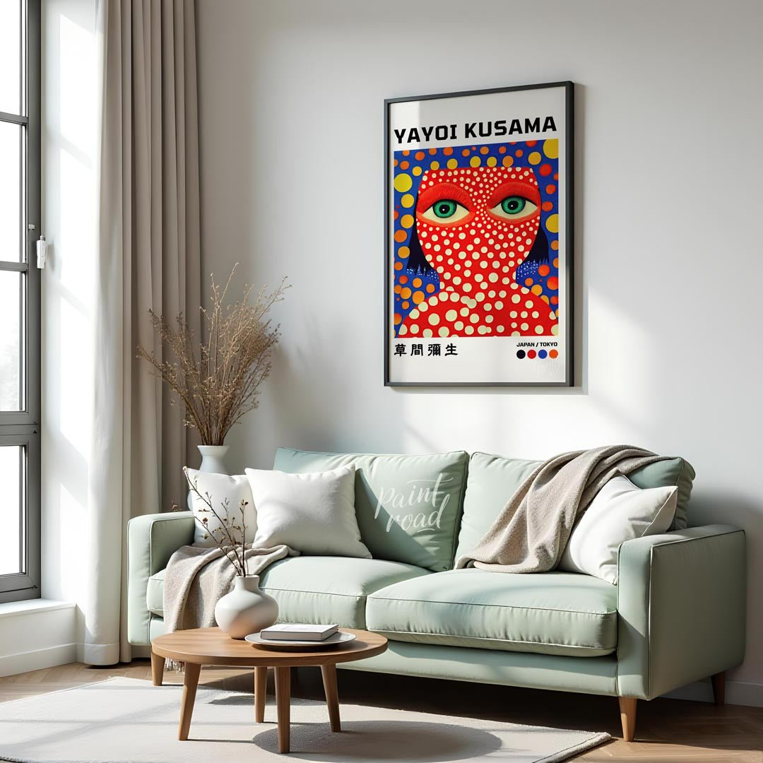 This striking art print features a vibrant self-portrait of Yayoi Kusama, characterized by her icon… for living room