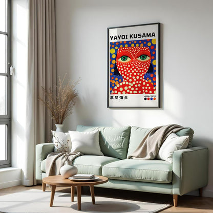 This striking art print features a vibrant self-portrait of Yayoi Kusama, characterized by her icon… for living room