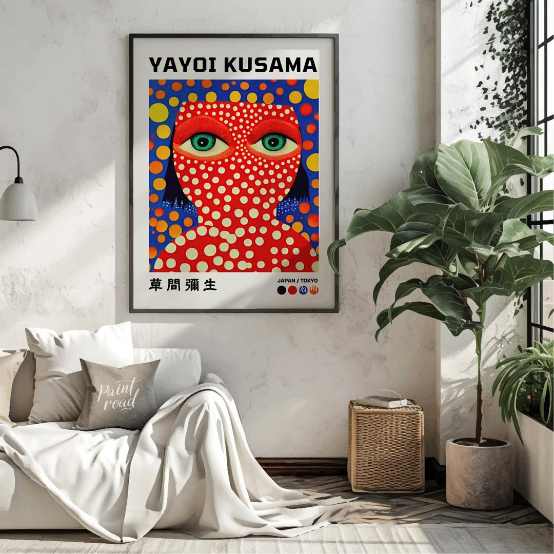 This striking art print features a vibrant self-portrait of Yayoi Kusama, characterized by her icon… for living room
