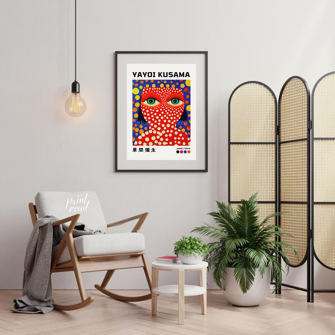 This striking art print features a vibrant self-portrait of Yayoi Kusama, characterized by her icon… for office