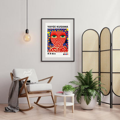 This striking art print features a vibrant self-portrait of Yayoi Kusama, characterized by her icon… for office