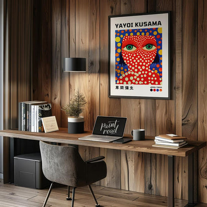 This striking art print features a vibrant self-portrait of Yayoi Kusama, characterized by her icon… for office