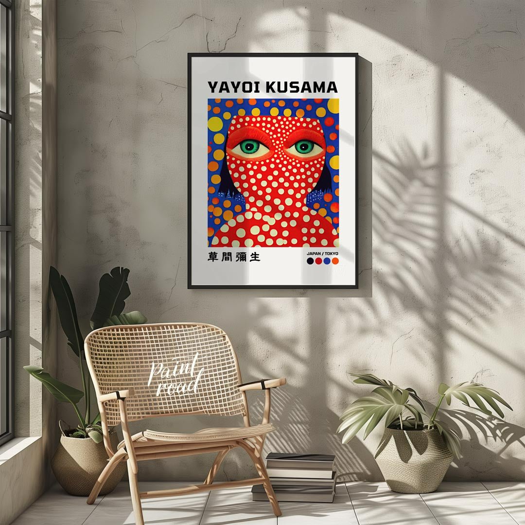This striking art print features a vibrant self-portrait of Yayoi Kusama, characterized by her icon… for other