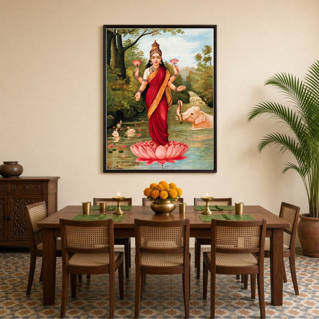 This exquisite art piece captures the serene grace of Goddess Lakshmi standing atop a vibrant for Dining