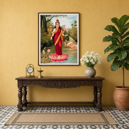 This exquisite art piece captures the serene grace of Goddess Lakshmi standing atop a vibrant for Entrance