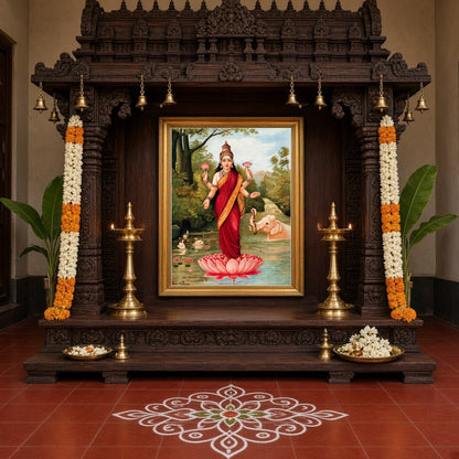 This exquisite art piece captures the serene grace of Goddess Lakshmi standing atop a vibrant for Home Temple