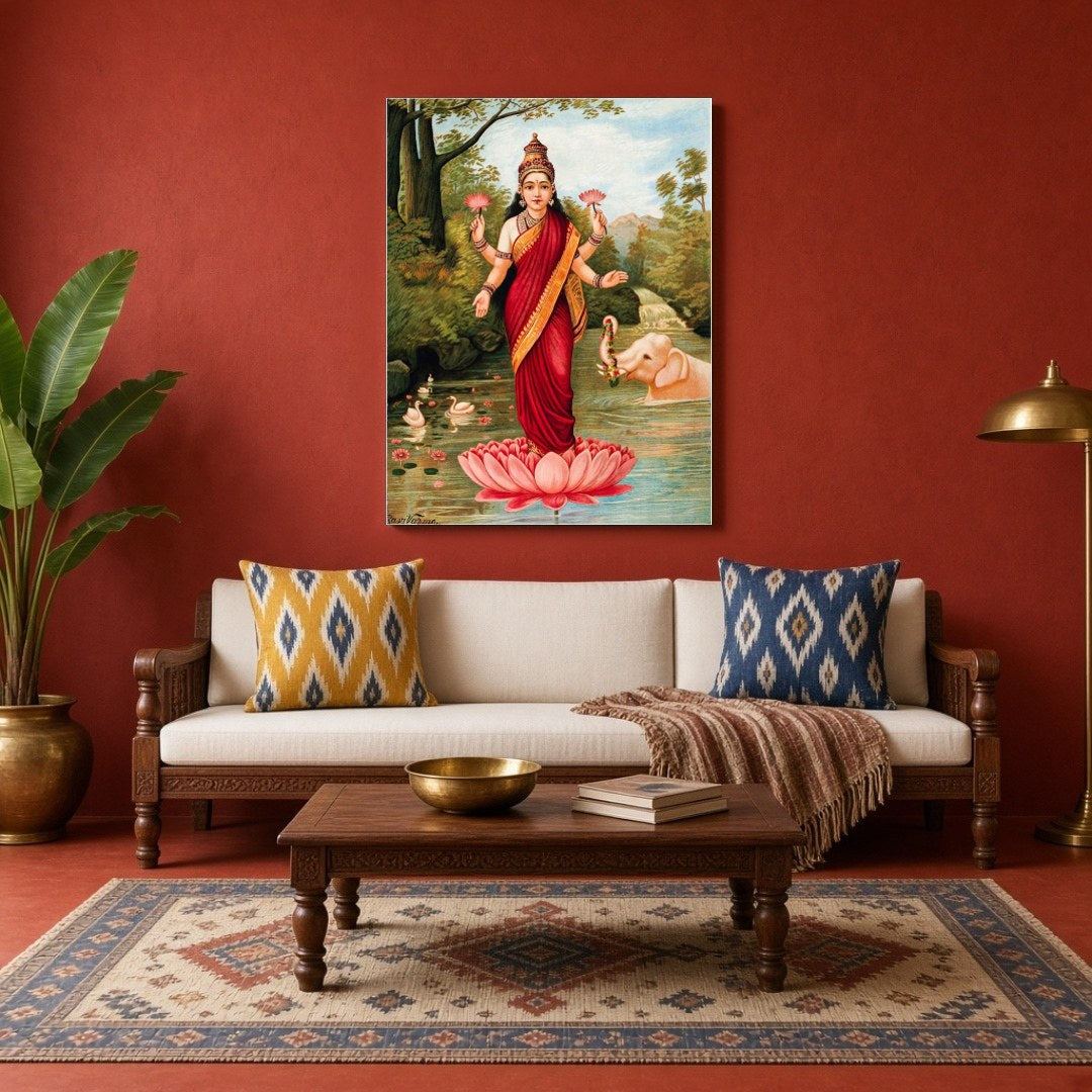 This exquisite art piece captures the serene grace of Goddess Lakshmi standing atop a vibrant for Living Room