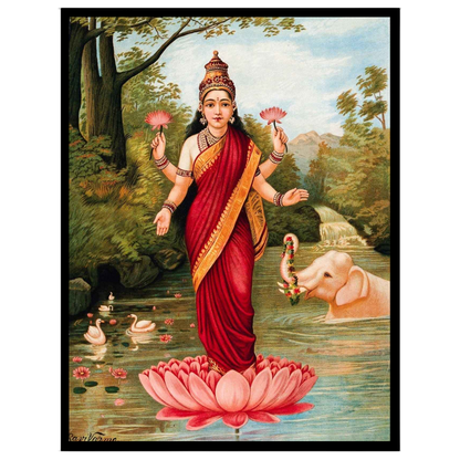 This exquisite art piece captures the serene grace of Goddess Lakshmi standing atop a vibrant for place