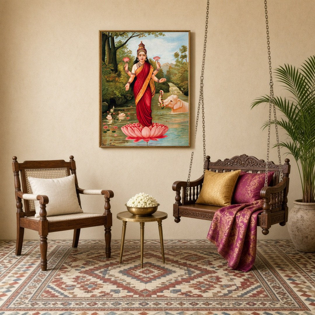 This exquisite art piece captures the serene grace of Goddess Lakshmi standing atop a vibrant for Sitting Lounge