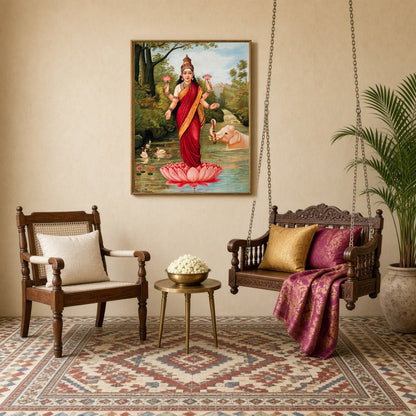 This exquisite art piece captures the serene grace of Goddess Lakshmi standing atop a vibrant for Sitting Lounge