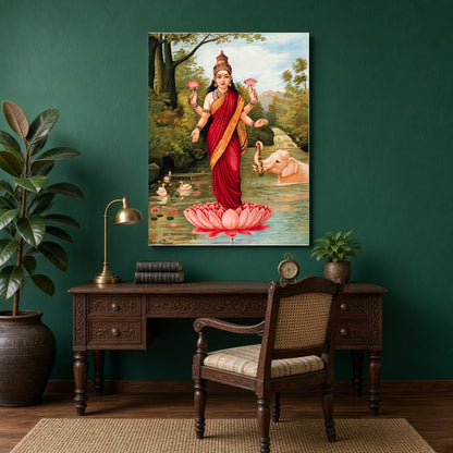 This exquisite art piece captures the serene grace of Goddess Lakshmi standing atop a vibrant for Study
