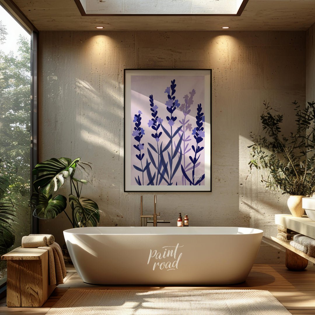 This serene digital illustration features stylized lavender sprigs in shades of deep blue and soft … for bathroom