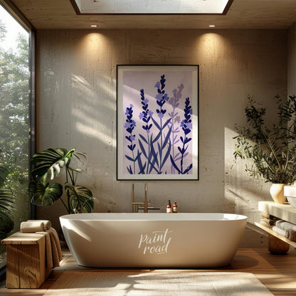 This serene digital illustration features stylized lavender sprigs in shades of deep blue and soft … for bathroom