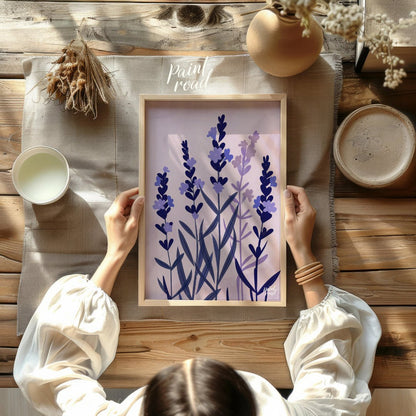 This serene digital illustration features stylized lavender sprigs in shades of deep blue and soft … for dining room