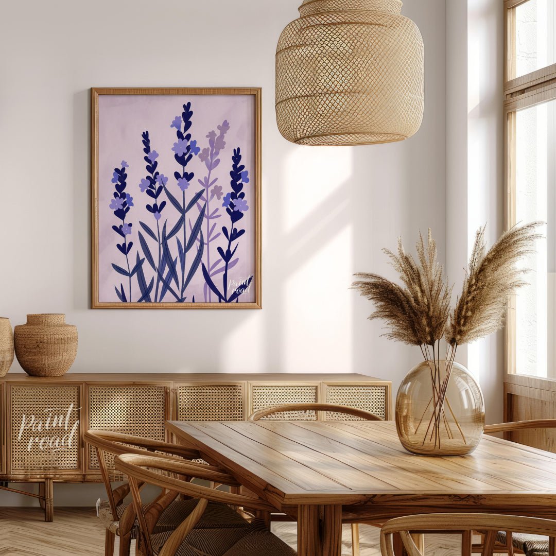 This serene digital illustration features stylized lavender sprigs in shades of deep blue and soft … for dining room