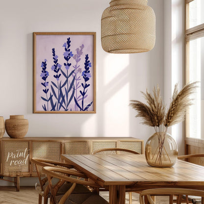 This serene digital illustration features stylized lavender sprigs in shades of deep blue and soft … for dining room