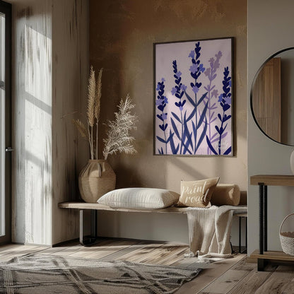 This serene digital illustration features stylized lavender sprigs in shades of deep blue and soft … for entryway