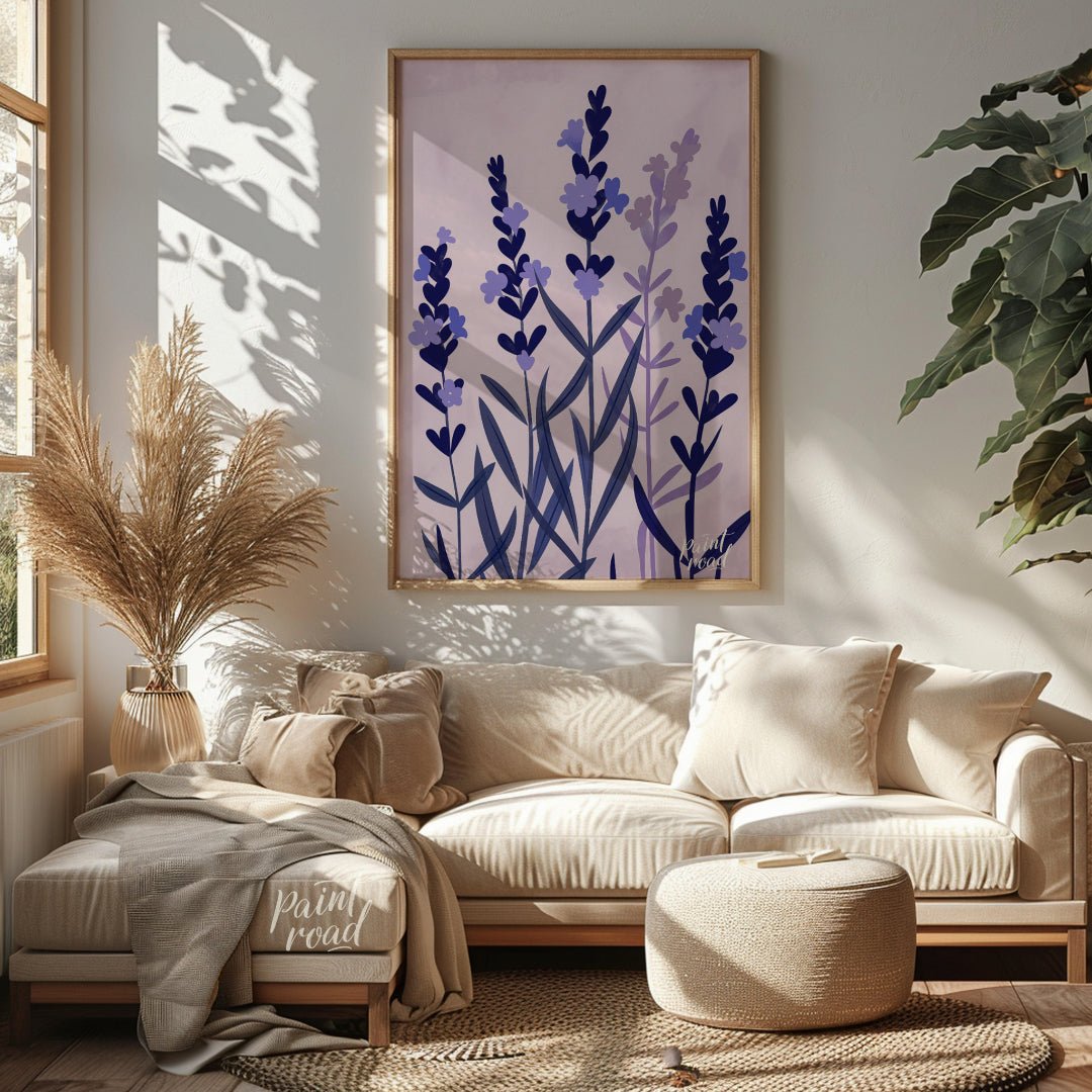 This serene digital illustration features stylized lavender sprigs in shades of deep blue and soft … for living room
