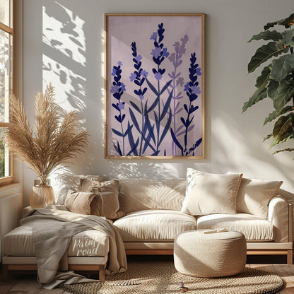 This serene digital illustration features stylized lavender sprigs in shades of deep blue and soft … for living room