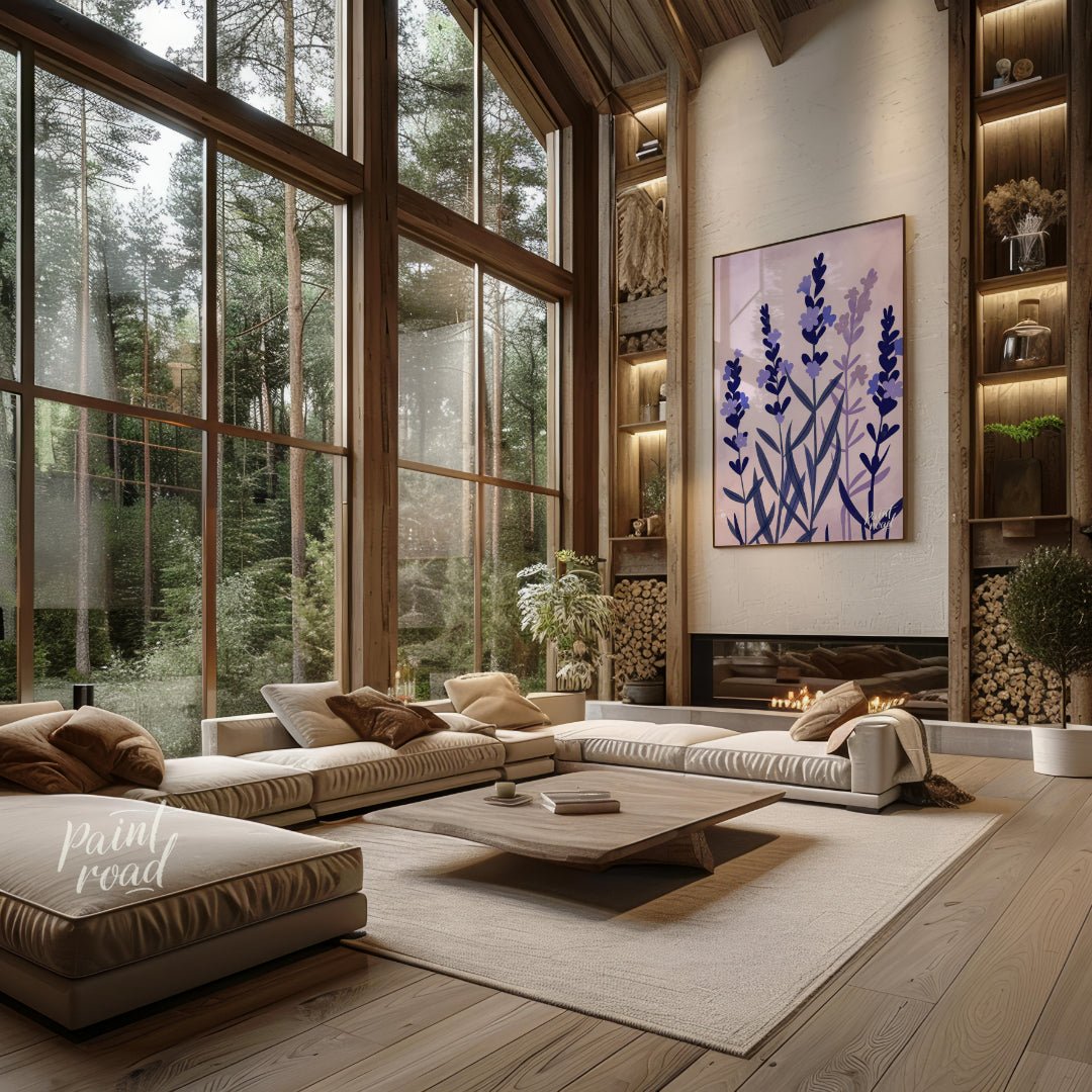 This serene digital illustration features stylized lavender sprigs in shades of deep blue and soft … for living room