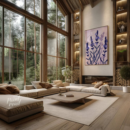 This serene digital illustration features stylized lavender sprigs in shades of deep blue and soft … for living room