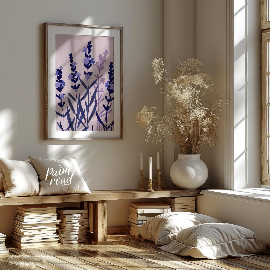 This serene digital illustration features stylized lavender sprigs in shades of deep blue and soft … for living room