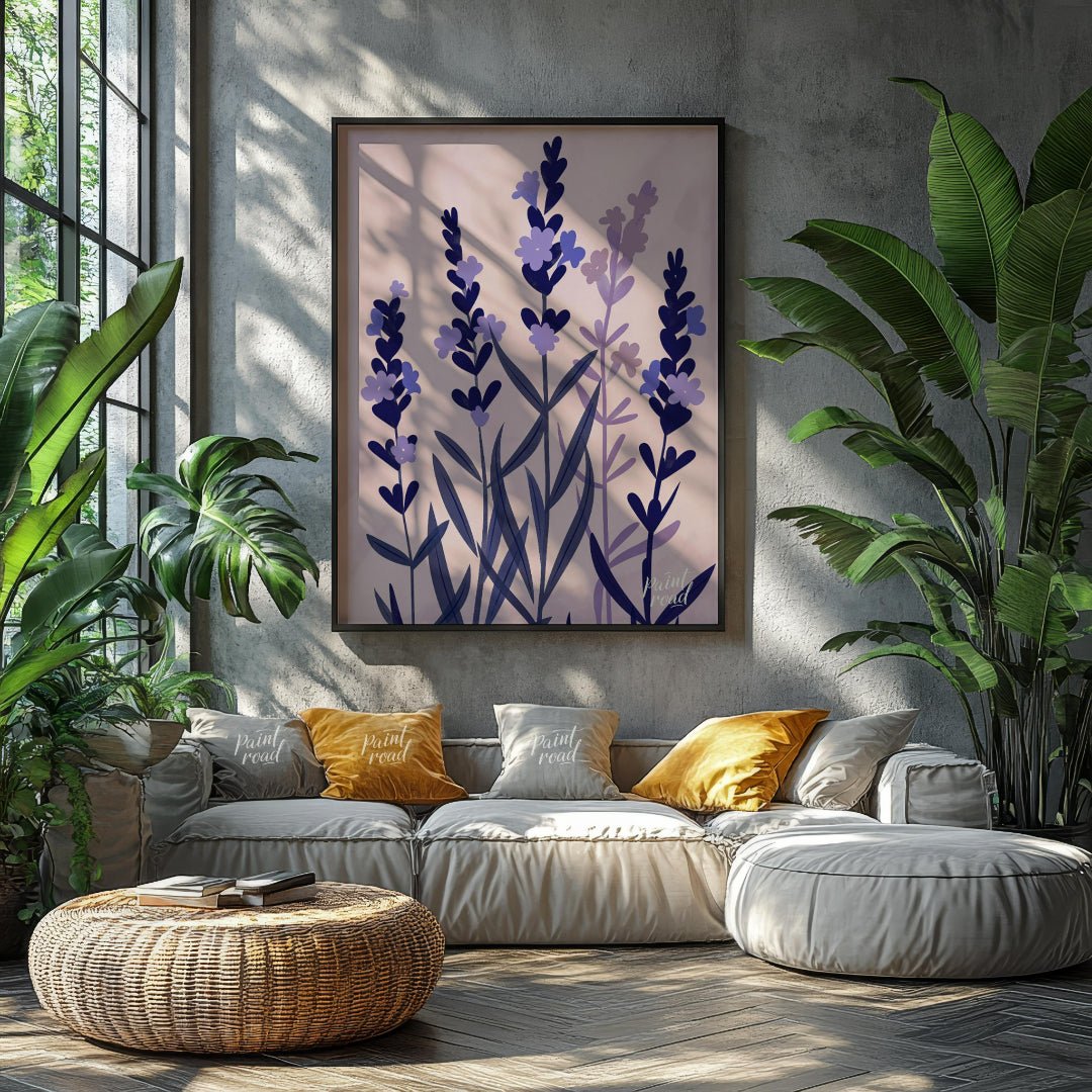 This serene digital illustration features stylized lavender sprigs in shades of deep blue and soft … for living room