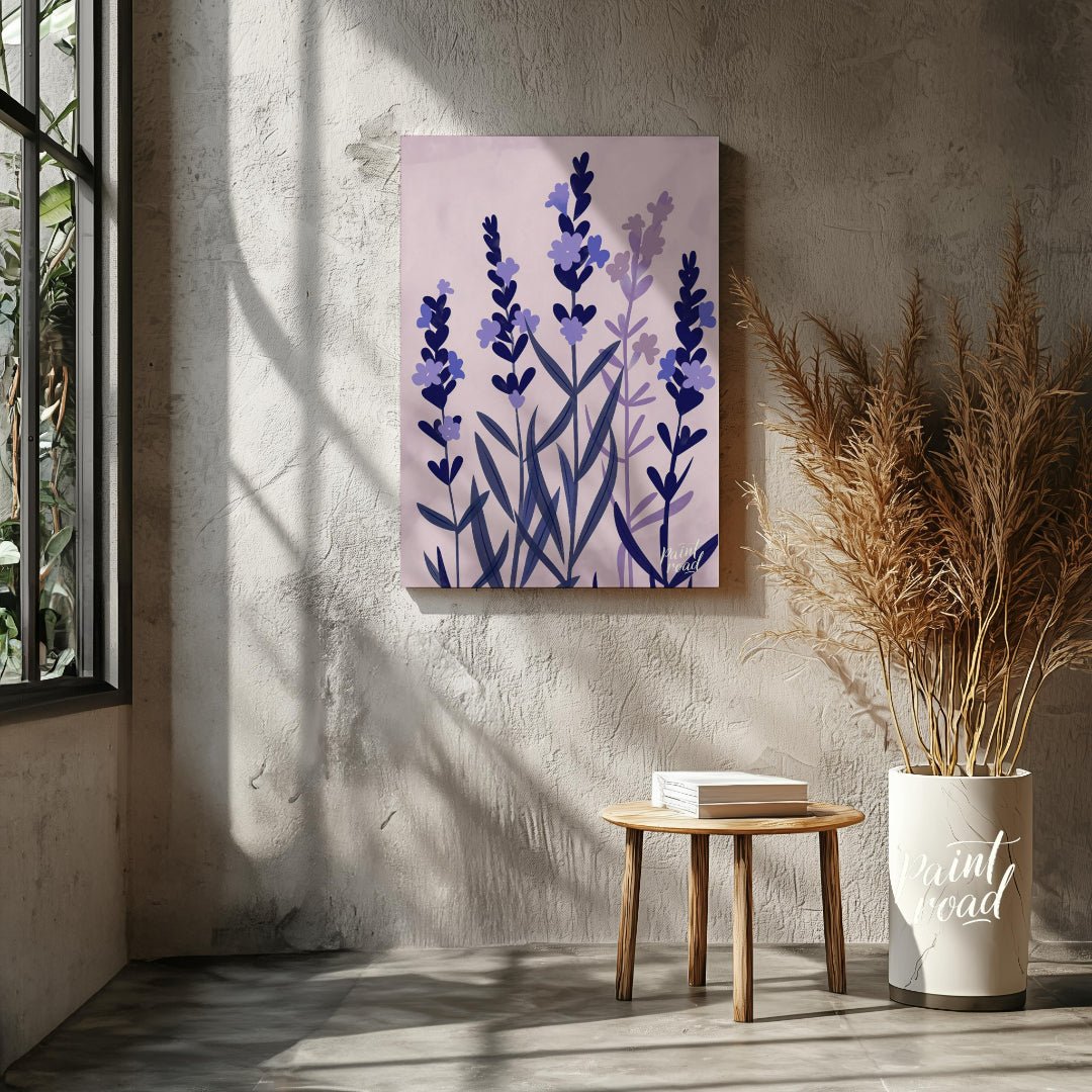 This serene digital illustration features stylized lavender sprigs in shades of deep blue and soft … for other