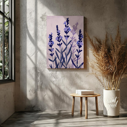 This serene digital illustration features stylized lavender sprigs in shades of deep blue and soft … for other
