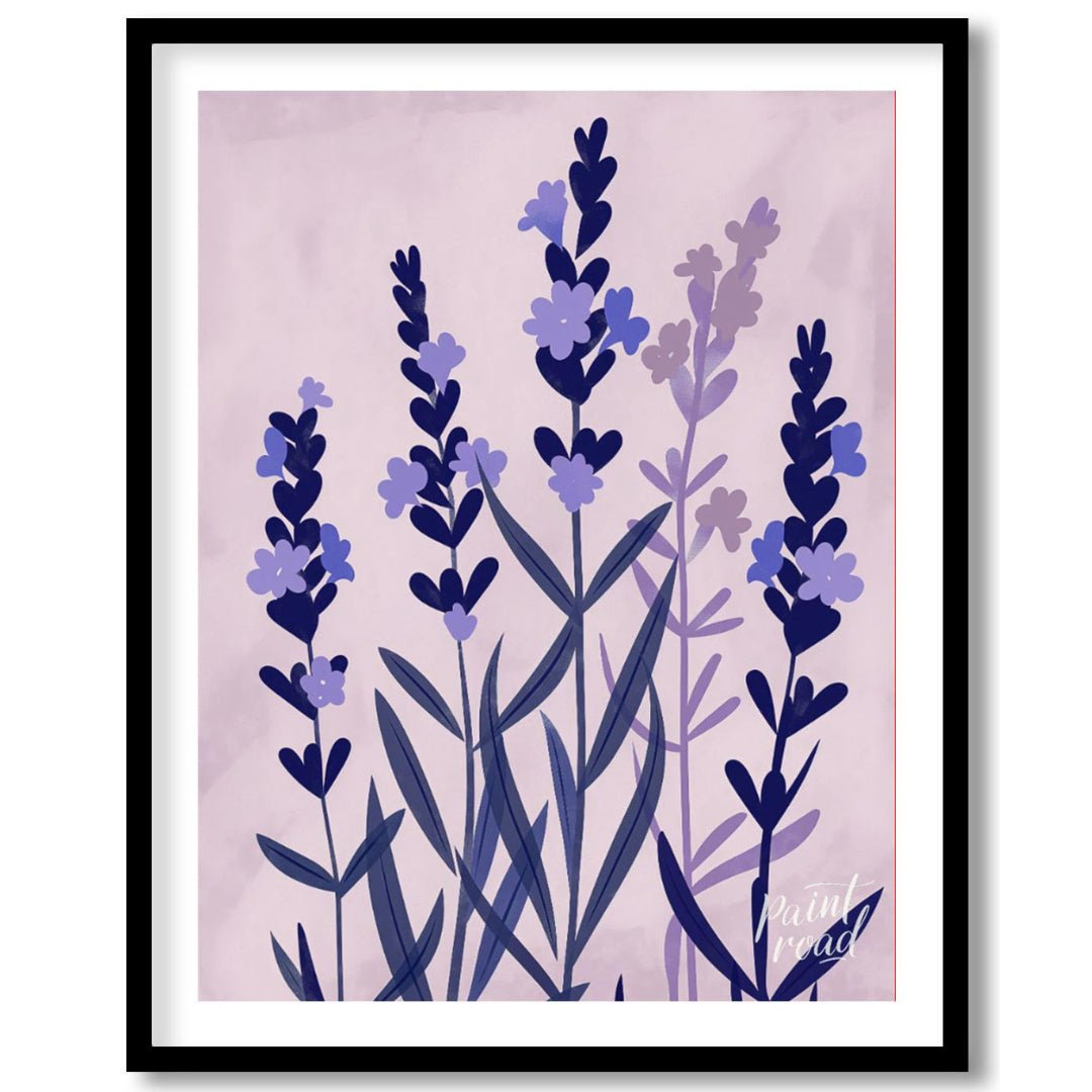 This serene digital illustration features stylized lavender sprigs in shades of deep blue and soft … for place