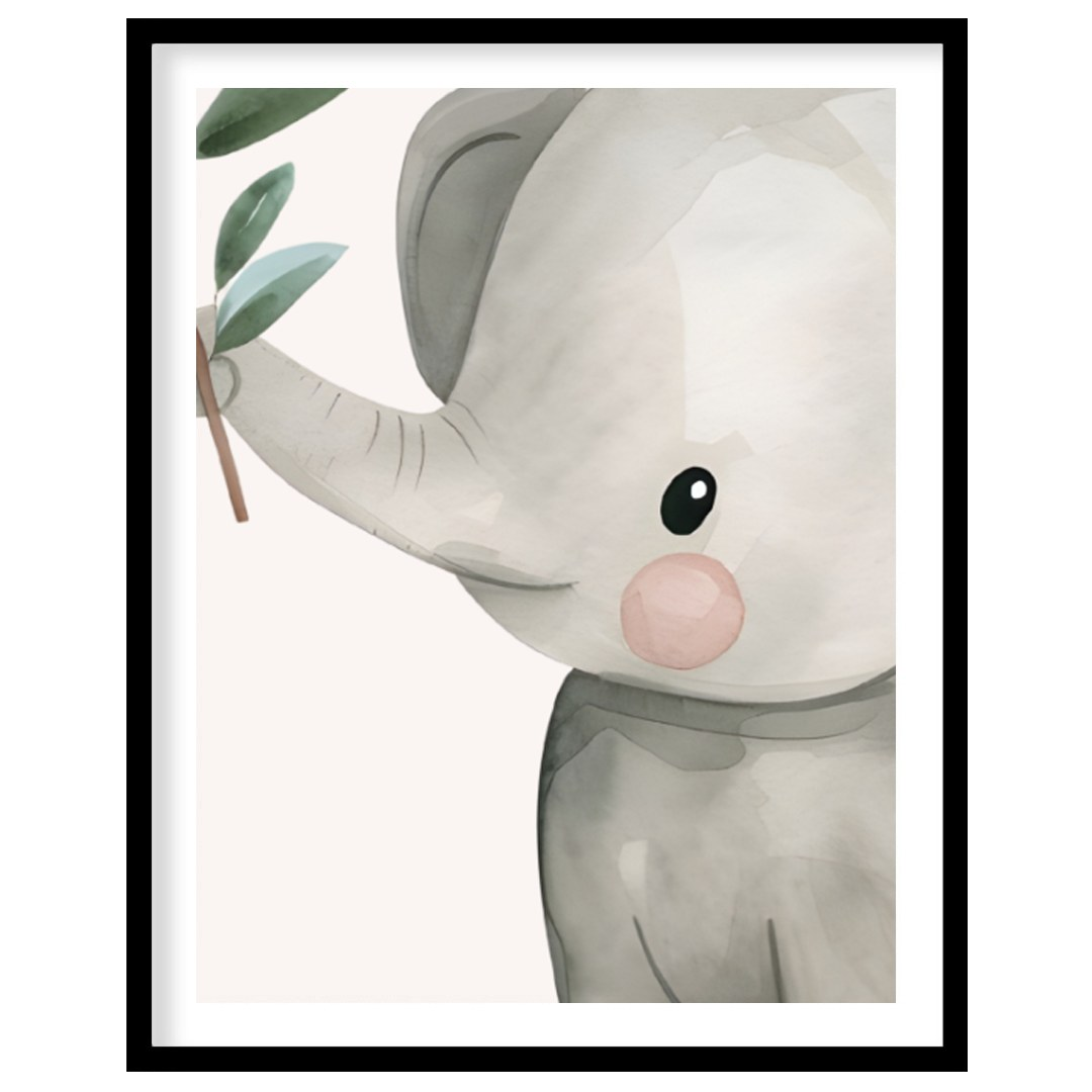 This gentle watercolor artwork features an irresistibly adorable baby elephant holding a leafy bran… for area