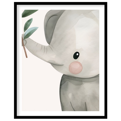 This gentle watercolor artwork features an irresistibly adorable baby elephant holding a leafy bran… for area