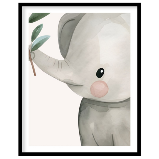 This gentle watercolor artwork features an irresistibly adorable baby elephant holding a leafy bran… for area