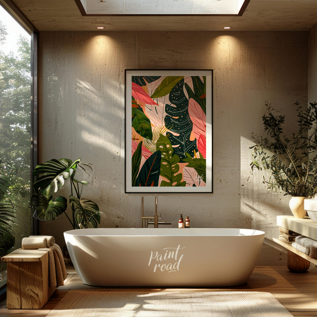 This artwork presents a dense arrangement of stylized leaves, rendered in a palette of deep greens,… for bathroom